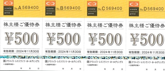 磯丸水産（クリエイトレストランツ株主優待券）（額面：500円